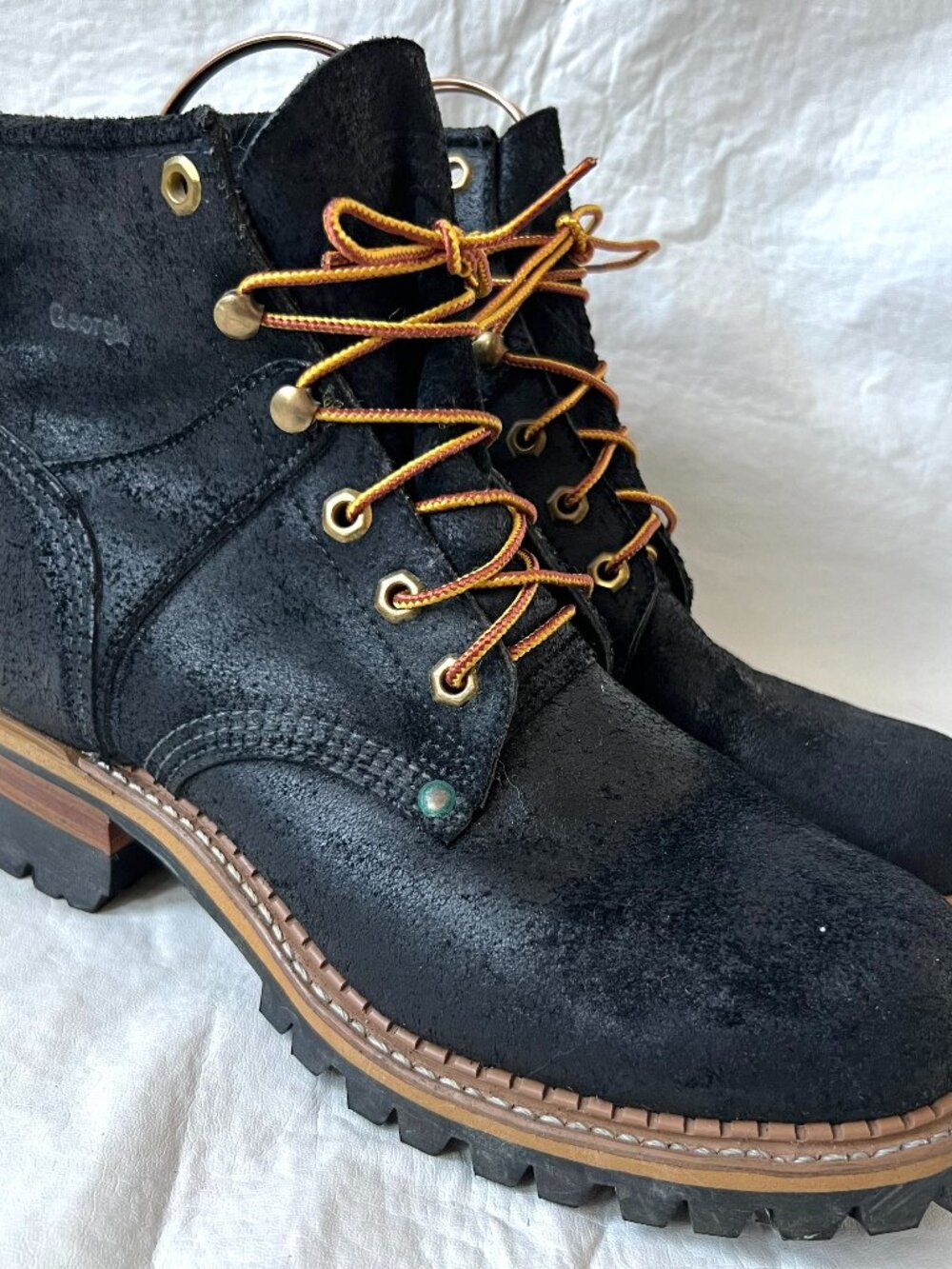 Georgia boots black leather logger 6 eye lace up womens 9.5 M rough out heeled
